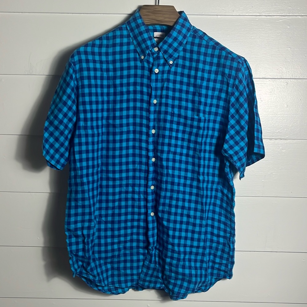 Brooks Brothers 346 Plaid 100% Linen Button Up Shirt Mens Large Short Sleeve
